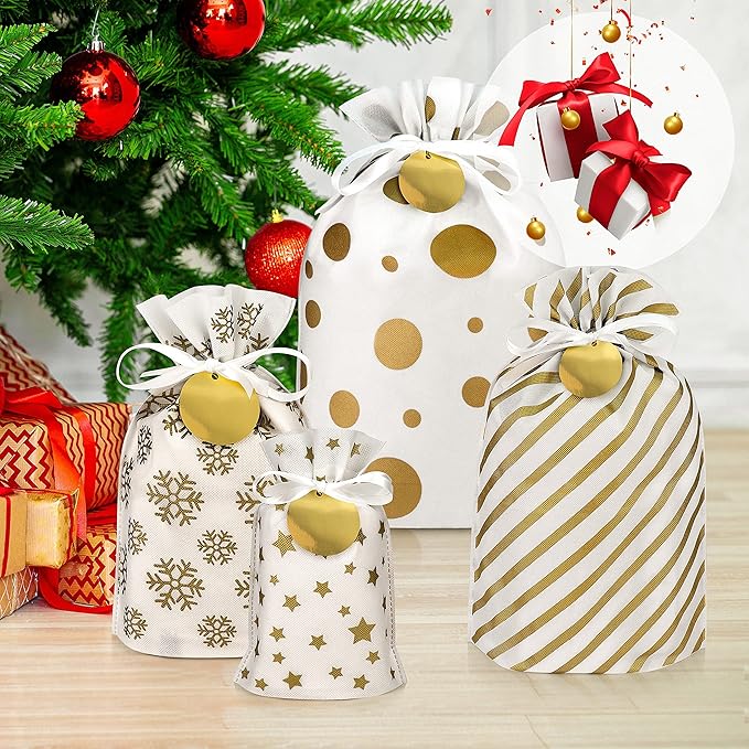 Fabric Gift Bags for Christmas Presents - 6 Pcs Drawstring Fabric Bags, Large Christmas Gift Bags for Presents, Reusable Gift Wrap Bags for Gifts (Gold, Assorted Sizes)