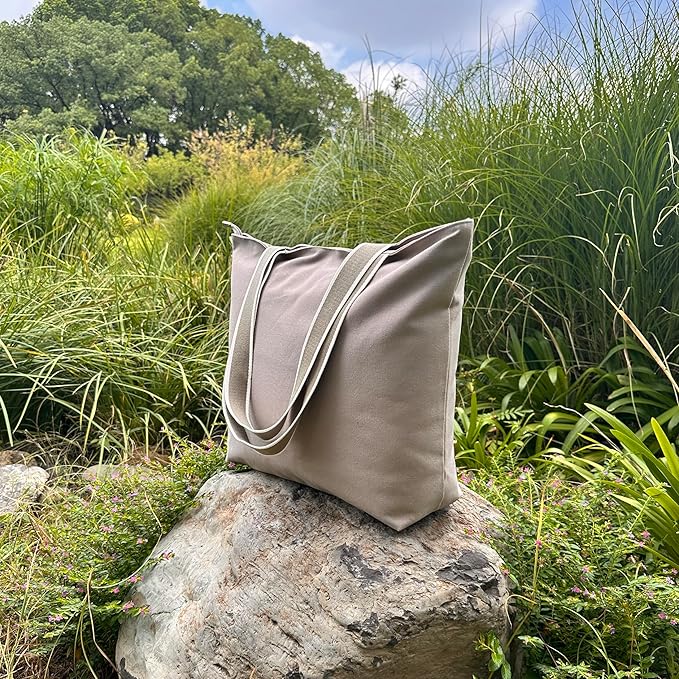16OZ Cotton Canvas Zipper Closure Lined Grocery Shopping Beach Casual Multi Purpose Tote X-Large