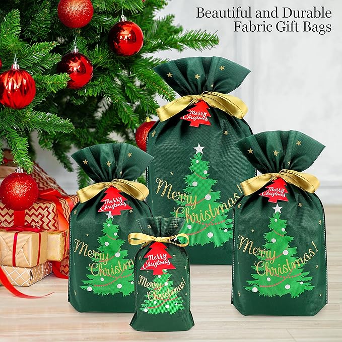 Fabric Christmas Gift Bags - 6 Pcs Gift Bags with Drawstring, Large Reusable Christmas Bags for Gifts (Green Xmas Tree Assorted)