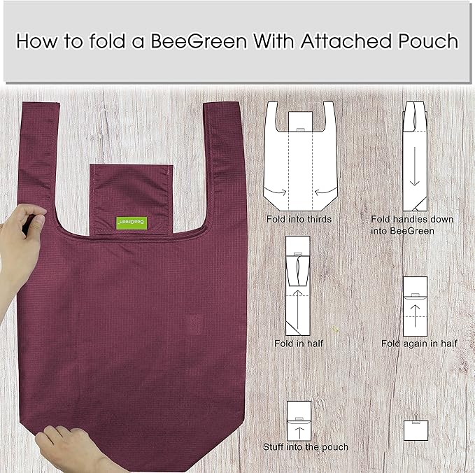 BeeGreen Burgundy Reusable Grocery Bags with Zipper Storage Pouch 10 Packs Wine Red Reusable Shopping Bags Bulk with Elastic Band Foldable-Machine Washable