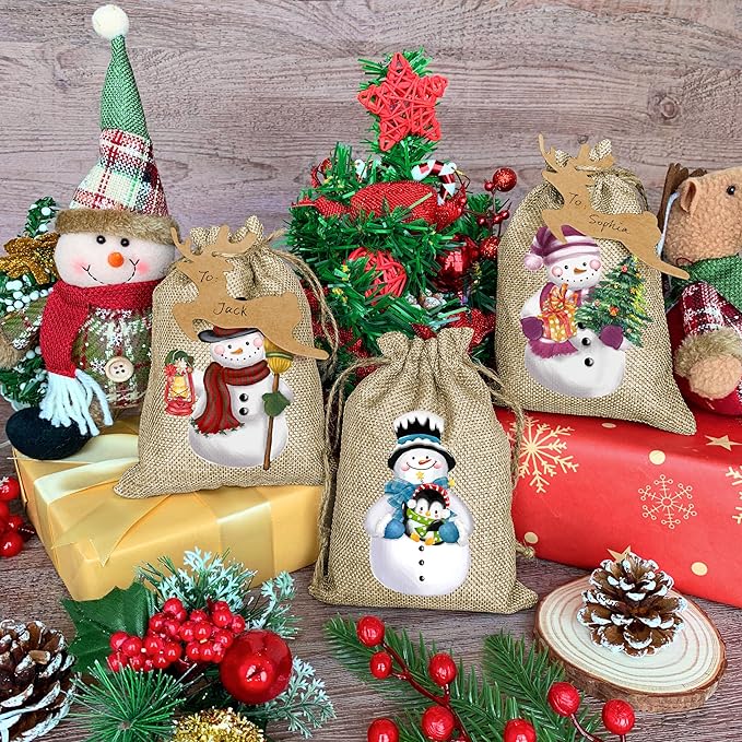 BORAMDO Christmas Burlap Gift Bags with Drawstrings - 24 Pcs, Watercolor 12 Designs Snowman Linen Wrapping Bags, Small Treat Candy Bags for Holiday Party Favors