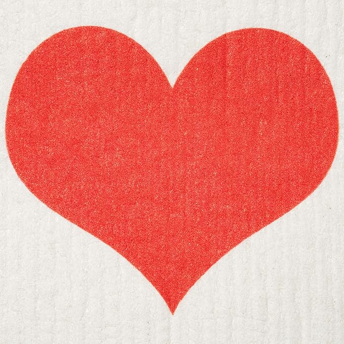 Swedish Dishcloths 2 Pack Red Heart Print Reusable Sponges Kitchen Cleaning Cloth Dish Scrubber, Machine Washable, Measures 7.87”x6.88 inches.