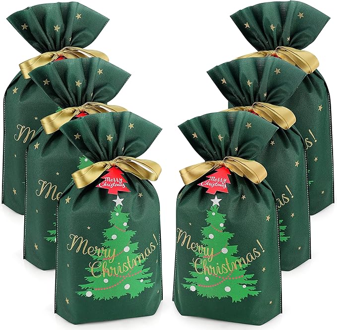 Fabric Gift Bags for Christmas Presents - 6 Pcs Christmas Gift Bags with Drawstring, Large Reusable Drawstring Bags for Gifts (Green Tree)