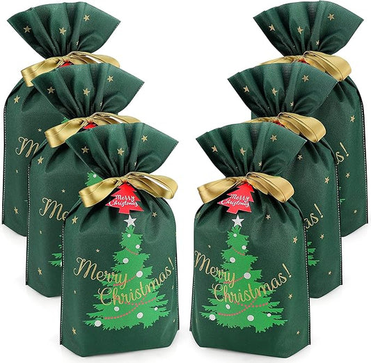 Fabric Gift Bags for Christmas Presents - 6 Pcs Christmas Gift Bags with Drawstring, Large Reusable Drawstring Bags for Gifts (Green Tree)