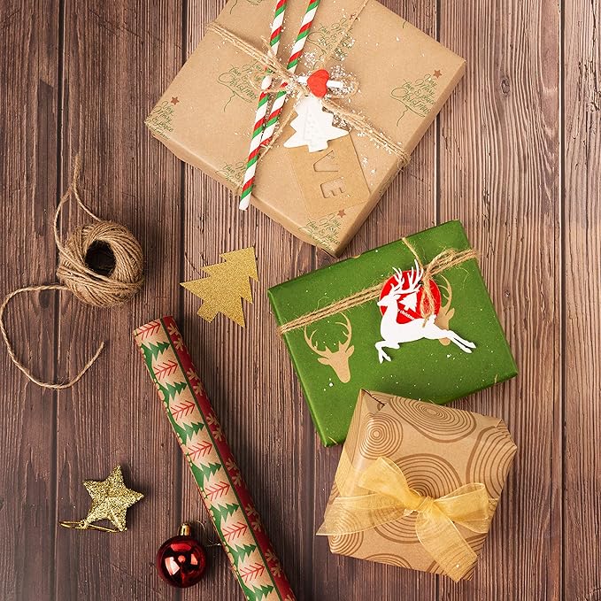 RUSPEPA Christmas Wrapping paper - Brown Kraft Paper with Red and Green Pattern For -Christmas Elements Collection-6 Roll-30Inch X 10Feet Per Roll