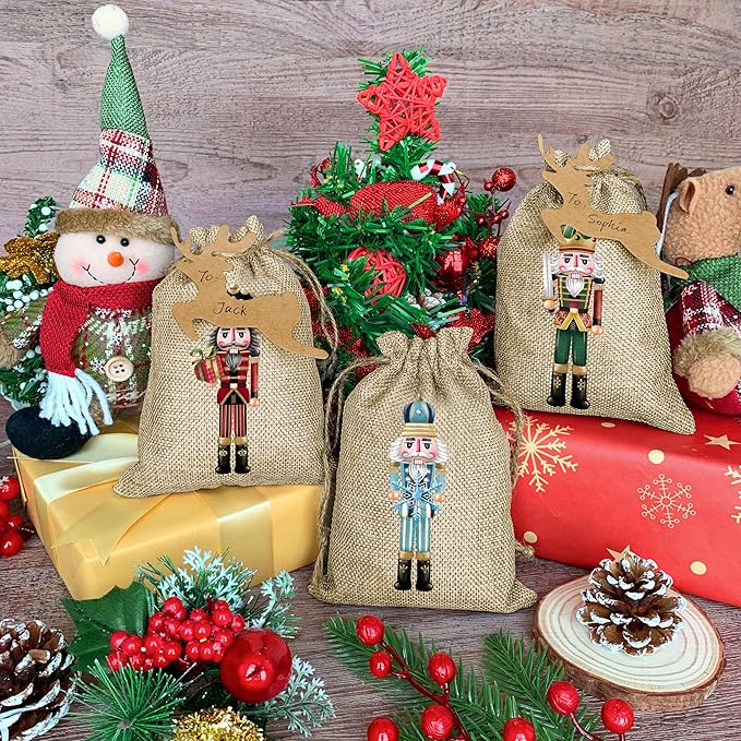 BORAMDO Christmas Nutcracker Linen Wrapping Bags, 24Pcs, Watercolor 12 Designs, Small Treat Candy Bags for Holiday Party Favor Supplies