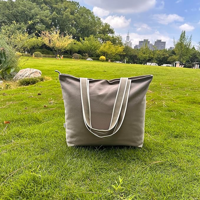16OZ Cotton Canvas Zipper Closure Lined Grocery Shopping Beach Casual Multi Purpose Tote X-Large