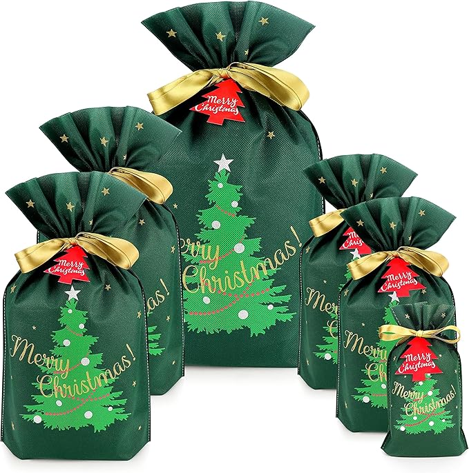 Fabric Christmas Gift Bags - 6 Pcs Gift Bags with Drawstring, Large Reusable Christmas Bags for Gifts (Green Xmas Tree Assorted)