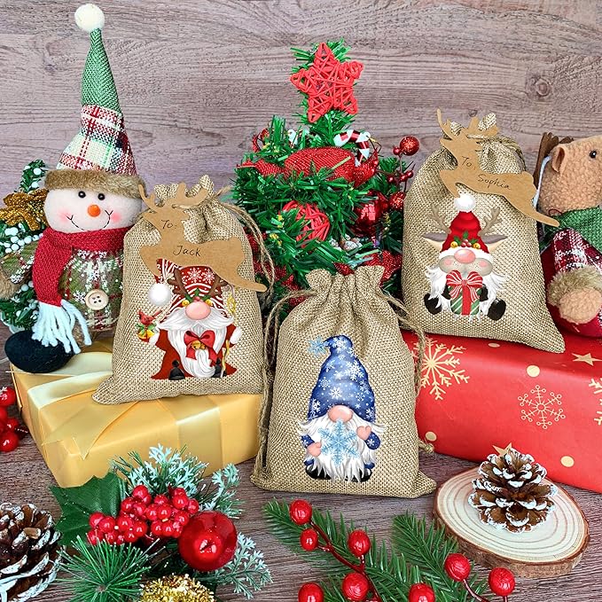 BORAMDO Christmas Burlap Gift Bags with Drawstrings, Watercolor 12 Designs, Linen Wrapping Bags, Small Treat Candy Bags for Holiday Party Favors