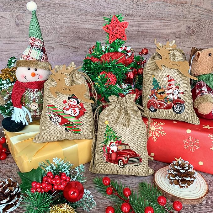 BORAMDO Christmas Burlap Gift Wrapping Bags with Drawstrings 24Pcs, Christmas Red Truck Linen Treat Candy Bags for Holiday Party Favor Supplies